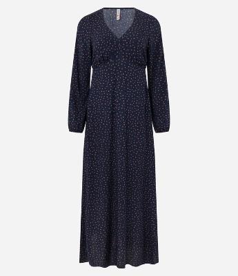 Vestido Longo em Viscose Twill com Mangas Bufantes e Estampa Poá