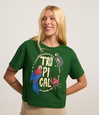 Blusa T-shirt Curta em Algodão com Estampa Tropical