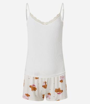 Pijama Short Doll Alcinha em Ribana com Estampa de Capivara