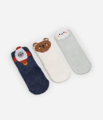 Kit 03 Meias Infantis em Chenille Estampa de Foguete - Tam 0 a 12 meses