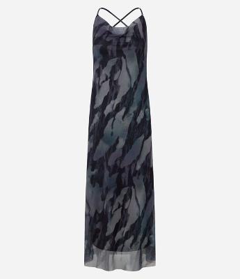 Vestido Longo em Tule com Decote Degagê e Estampa Abstrata