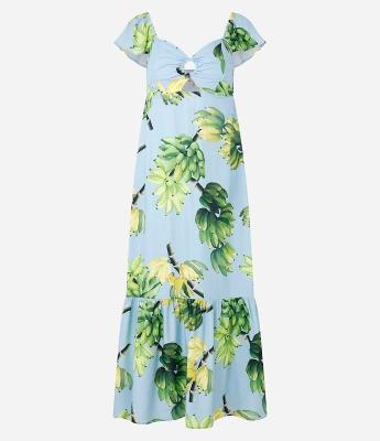 Vestido Longo em Viscose com Babado e Estampa Tropical