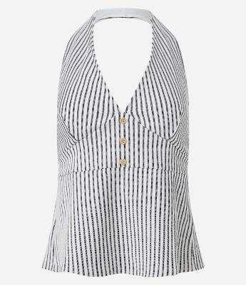 Blusa Frente Única Texturizada com Listras e Botões