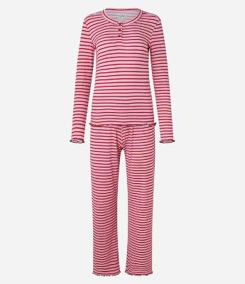 Pijama Longo em Ribana com Listras e Acabamento de Frufrus