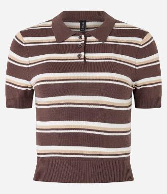 Blusa em Tricô Listrado e Gola Polo