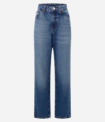 Calça Reta em Jeans com Cintura Alta e Brilhos Aplicados