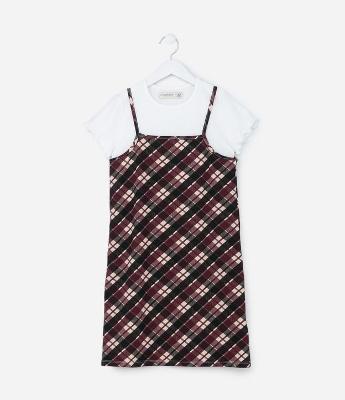 Vestido Infantil com Sobreposição e Estampa Xadrez - Tam 5 a 14 Anos