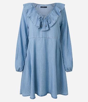 Vestido Curto em Jeans com Babado e Amarração na Gola