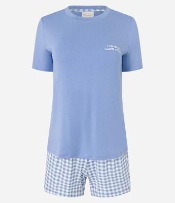 Pijama Short Doll com Estampa Xadrez e Frase