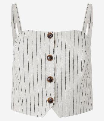 Blusa Cropped em Viscolinho Listrado com Botões e Barra V