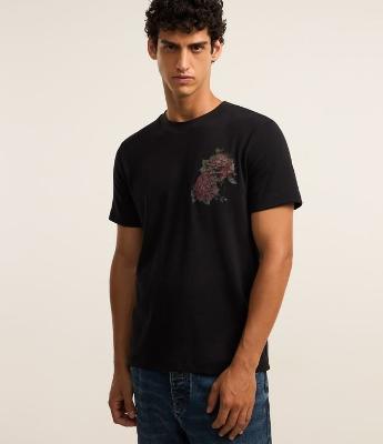 Camiseta Regular em Algodão com Estampa de Rosas e Bordados