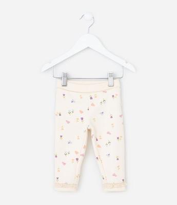 Calça Legging Infantil com Cós Dobrado e Estampa Floral - Tam 0 a 18 meses