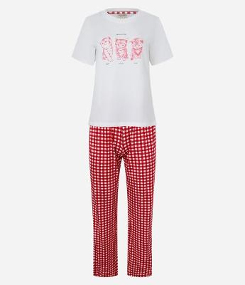 Pijama Longo em Algodão Estampa Xadrez e Gatinhos