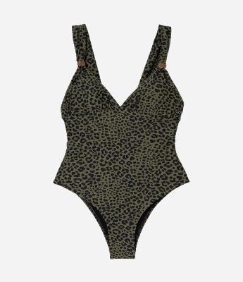 Maiô Body em Microfibra Animal Print com Alças Largas e Aviamento