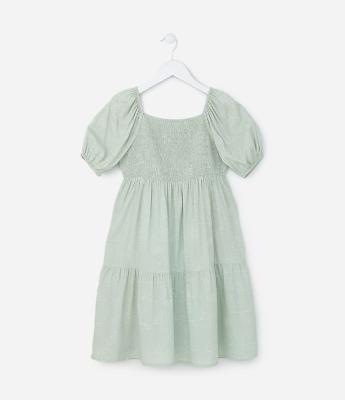 Vestido Infantil com Manga Bufante e Estampa Pontilhada - Tam 5 a 14 Anos