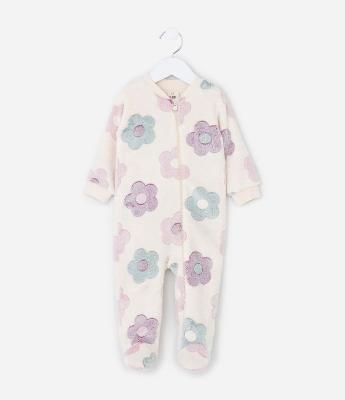 Macacão Infantil em Fleece com Estampa Floral - Tam 0 a 18 meses