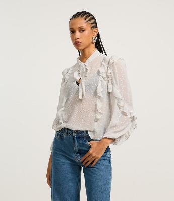 Blusa Bata em Chiffon com Amarração e Babados
