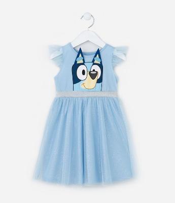 Vestido Infantil em Tule com Estampa Bluey - Tam 1 a 5 Anos