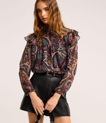 Blusa em Chiffon com Gola Alta e Estampa Paisley