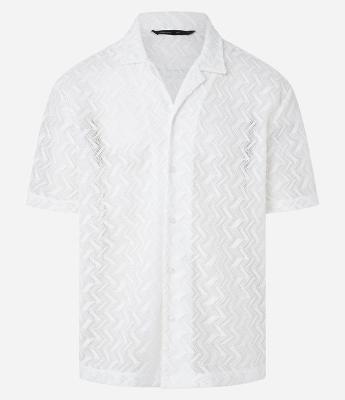 Camisa Boxy em Renda com Gola Bowling Texturizada