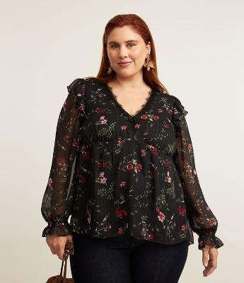 Blusa Floral em Chiffon com Babados e Brilhos Curve & Plus Size