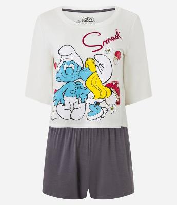 Pijama Short Doll em Viscose com Estampa Casal Smurf