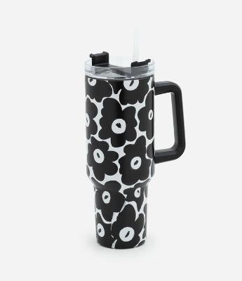 Copo Térmico com Estampa Floral Bicolor com Alça e Canudo 1,2L