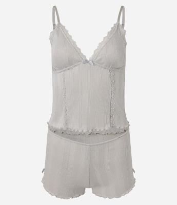 Pijama Short Doll Alcinha em Pointelle com Detalhes em Rendinha