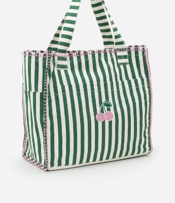 Bolsa de Praia em Lona Listrada com Patch de Cereja e Pesponto Contrastante