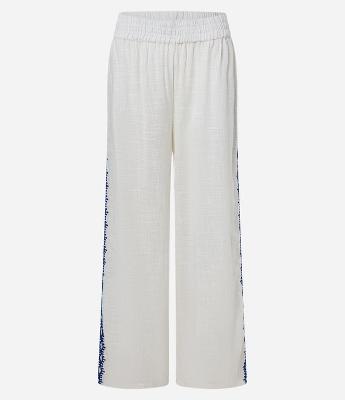Saída de Praia Calça Pantalona em Voal com Bordado e Vazado Lateral