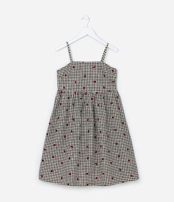 Vestido Infantil com Estampa Xadrez e Joaninhas - Tam 5 a 14 Anos