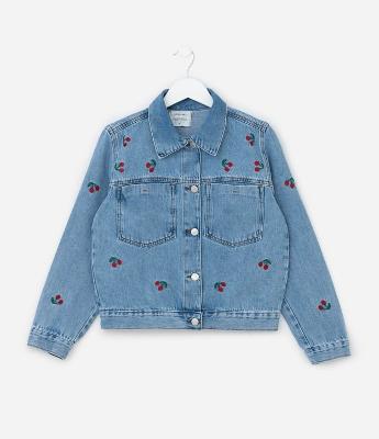 Jaqueta Infantil Jeans com Bordado Cerejas - Tam 5 a 14 Anos