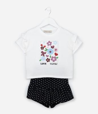 Conjunto Infantil com Babadinho e Estampa Poá e Flores - Tam 1 a 6 Anos