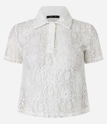 Blusa em Renda com Gola Polo e Textura Floral