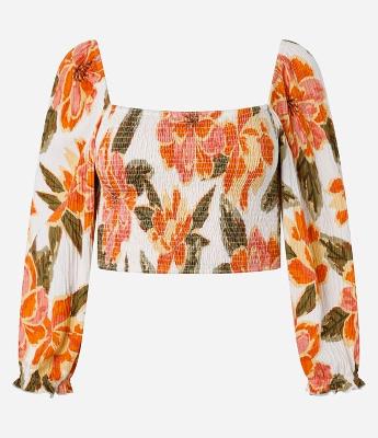 Blusa Cropped Texturizado com Lastex no Corpo e Estampa Floral