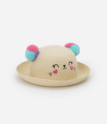 Chapéu de Palha Infantil com Pompom e Carinha - Tam Único