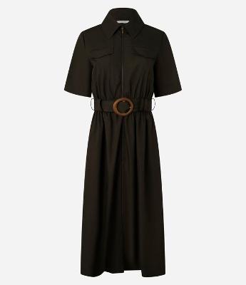 Vestido Longo em Tricoline com Cinto Fivela Redonda