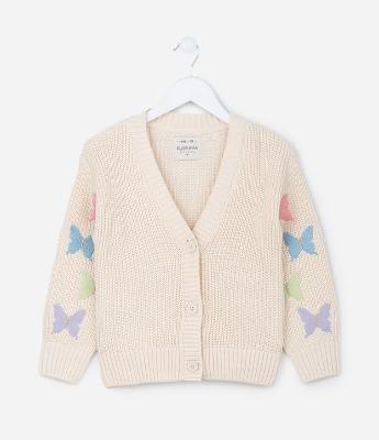 Cardigan Infantil em Tricô com Bordado Borboletas - Tam 5 a 14 Anos