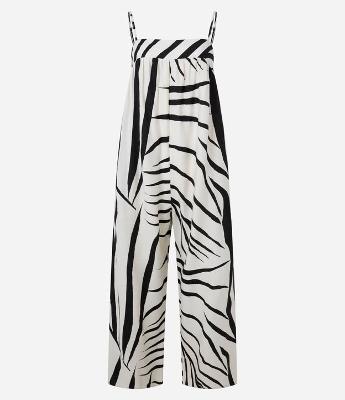 Macacão Midi em Crepe com Estampa Animal Print Zebra e Decote Quadrado