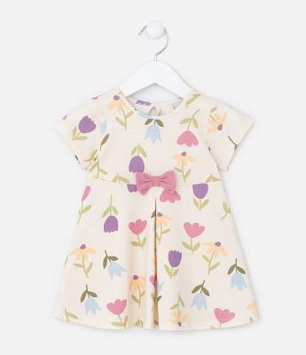 Vestido Infantil com Lacinho e Estampa Tulipas - Tam 0 a 18 meses