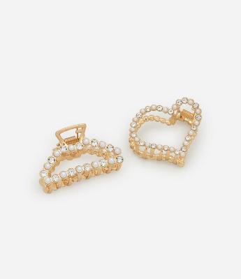 Kit 02 Piranha de Cabelo Vazada Meia Lua e Coração com Strass e Pérola Artificial