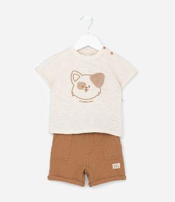 Conjunto Infantil Texturizado com Estampa Cachorrinho - Tam 0 a 18 meses