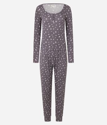 Pijama Longo Canelado com Estampa Floral de Botões no Peitilho