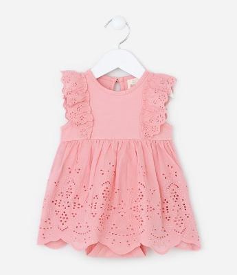 Vestido Body Infantil com Babado Broderie - Tam 0 a 18 meses