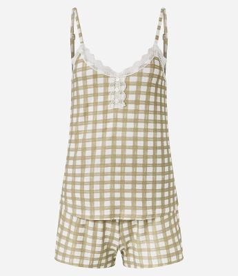 Pijama Short Doll em Peach Touch com Estampa Xadrez Vichy e Detalhe de Renda