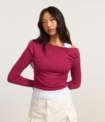 Blusa em Ribana Dupla Sobreposta com Drapeados