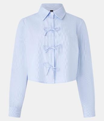 Camisa Cropped em Tricoline com Listras com Lacinhos Frontais