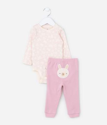 Conjunto Infantil em Suedine com Bordado de Coelha - Tam RN a 18 meses