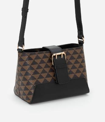 Bolsa Bucket Pequena com Tira de Fivela Contrastante e Estampa Triangular