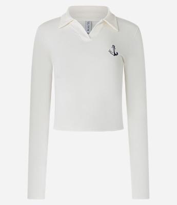 Blusa em Algodão com Gola Polo e Bordado de Ancora